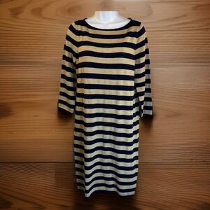 L Ralph Lauren Navy Blue Gold Striped Sweater Knit Dress M‎ Preppy Sexy Classy